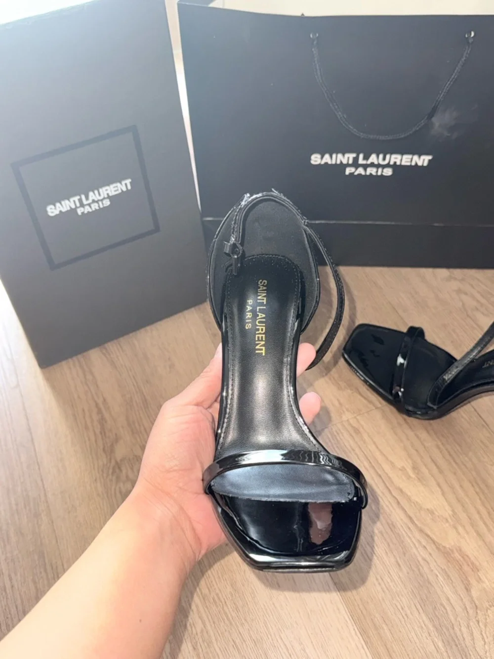 Saint Laurent Black Patent Leather Logo-Heel Sandals - Picture 2 of 5